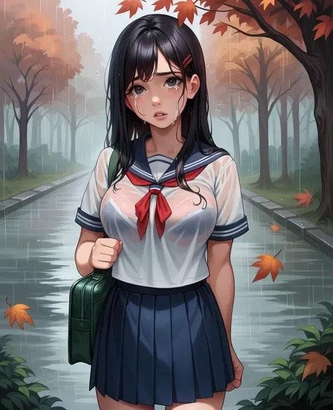 Young beautiful woman () in high school uniform standing in the rain, one girl, uniform, skirt, outdoors, bag, alone, breasts, black hair, realistic, pleated skirt, looking at viewer, crying face, tears, shirt, sailor suit, slightly parted lips, cold, shiv...