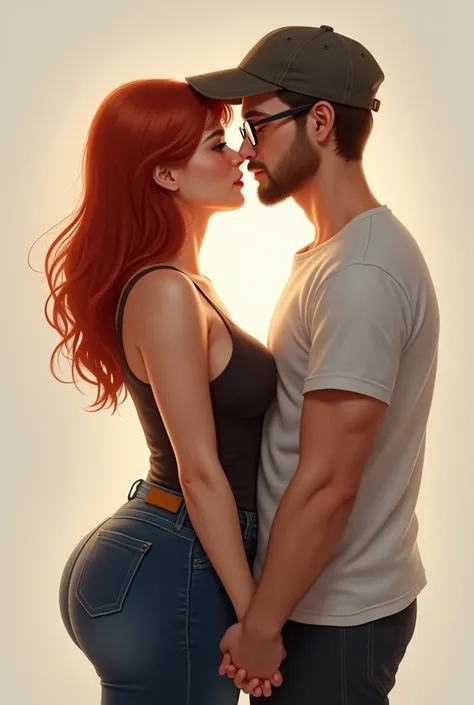 Beautiful chubby white woman, small breasts and big buttocks, with medium length red hair, holding hands with a thin white man, short hair and wearing glasses and a cap.