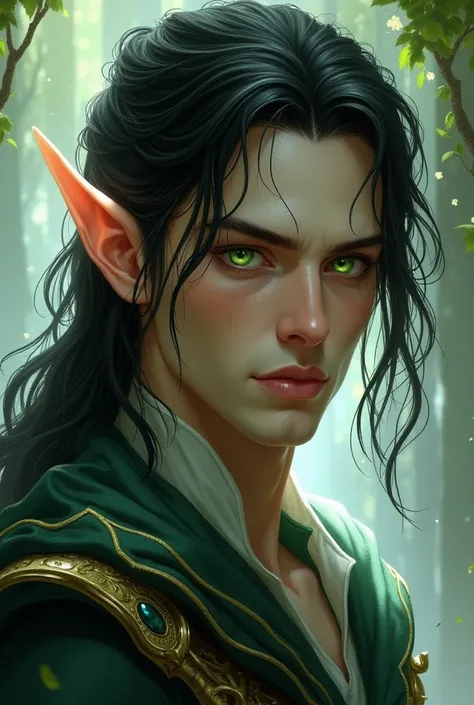 High Elf Male, very black hair, white skin, emerald eyes, athletic body, the faces are a little effeminate.