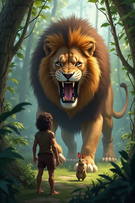 
ChatGPT said:
ChatGPT
One day, Ali made a plan. He went to the jungle and decided to lead a lion and a rabbit toward a deep pit. Ali challenged the lion, "Today, I will defeat you!" Hearing this, the lion became furious and started chasing Ali.