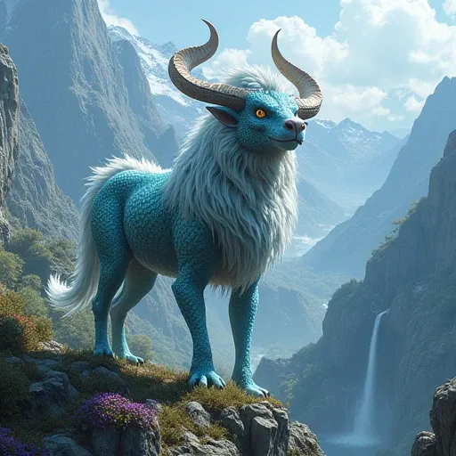 A magical beast from a fantasy world in a mountainous landscape.