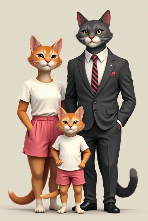 Dressed in professional office attire. The husband cat, a sleek gray tabby, is wearing a tailored suit and wife cat and baby cat wearing pink shorts and white tshirt three of them are smiling 