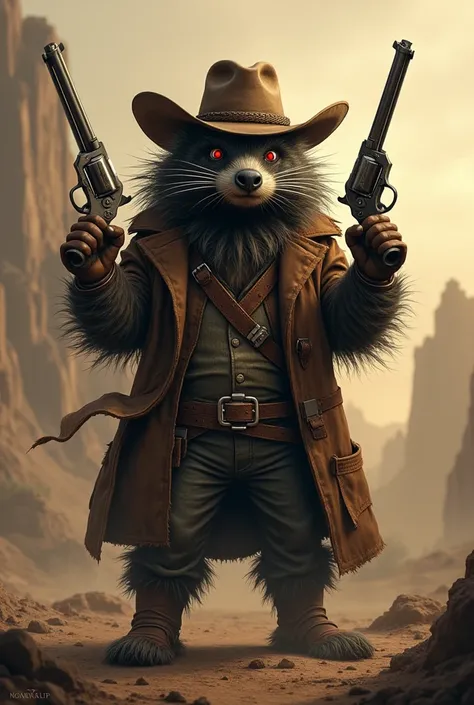 Cowboy humanoid porcupine with two revolvers, intimidating