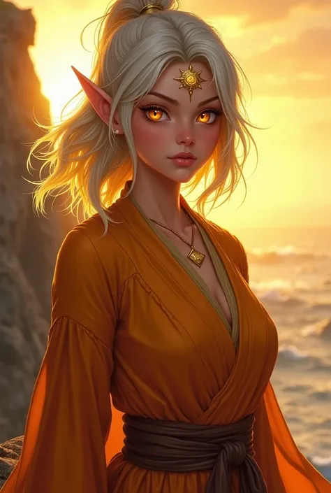 close up portrait. A youthful female half-elf monk with sun-kissed skin, a busty yet athletic build, and shaggy, mid-length ombré hair that fades from silvery-blonde at the roots to golden tips. Her radiant golden eyes glow faintly, and she wears simple mo...