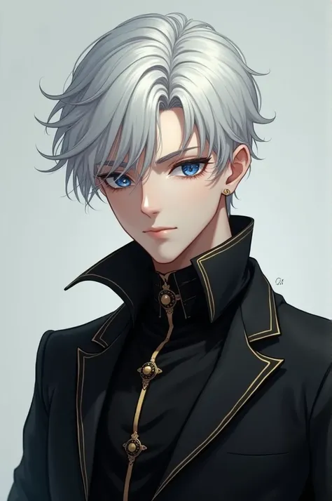 man, white hair, between 16 and 1, blue iris, height 1.75. wearing a black outfit with lines in gold details