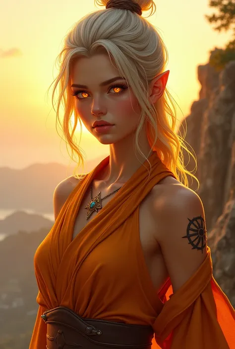 close up portrait. A youthful female half-elf monk with sun-kissed skin, a busty yet athletic build, and shaggy, mid-length ombré hair that fades from silvery-blonde at the roots to golden tips. Her radiant golden eyes glow faintly, and she wears simple mo...