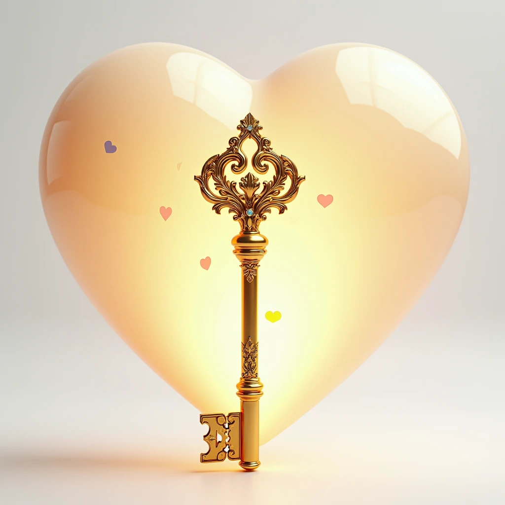 make a golden key opening a heart, white background