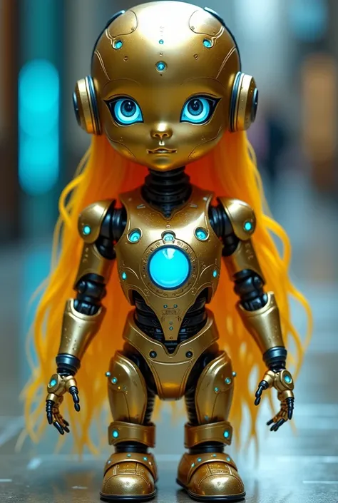 Robot woman made of gold matte metal. Model figure. Skin color matte gold.  On the body, arms and legs have luminous details in blue and yellow neon colors. On the body нарисован арнамент в украинском стиле.  The robot features silver and gold glossy detai...