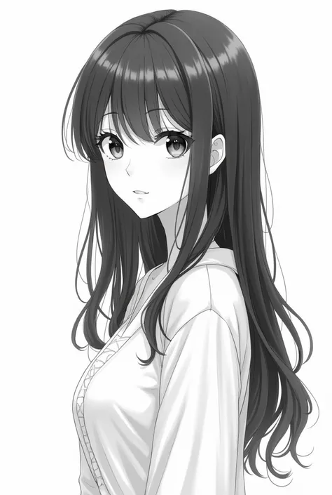 Black and white illustration of a realistic anime style female character, portrayed from the top of the head to the torso, with white background, on the left side.