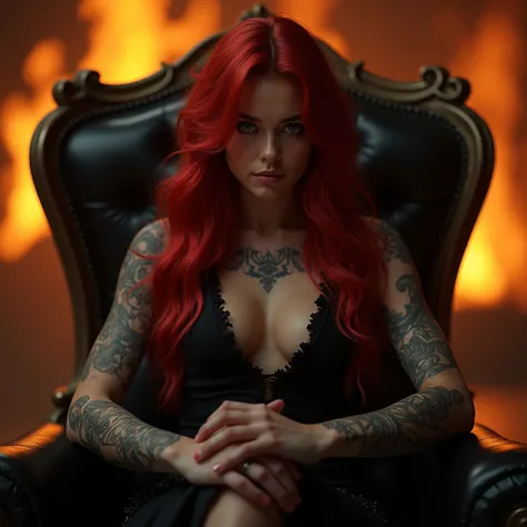 girl with long red hair, with tattoo, sits in chair like a mafia boss against fire background