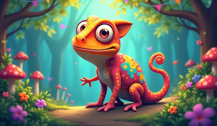 A cute and happy changing chameleon at a forest party in animated version 