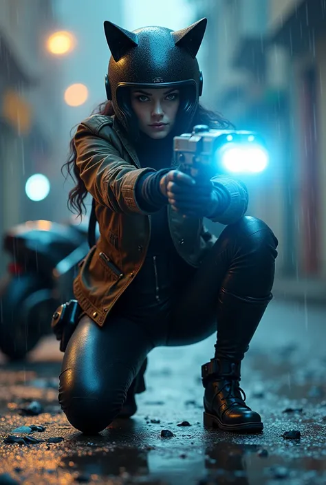 full body, VIEW FROM ABOVE, (SHE HAS AN ENERGY CANNON ATTACHED TO HER ARM LIKE MEGAMAN:2.0), CANNON lit up as if it was going to fire a blast of energy in my direction. A YOUNG WOMAN IN A DISCREET SPANDEX UNIFORM, SHE WEARS A SHORT BROWN LEATHER JACKET, SH...