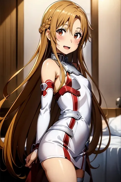 ((Best Quality)), ((masterpiece)), (be familiar with), Perfect Face, indoor, bedroom, Watching the audience,
One woman, Yuuki Asuna,
Open Mouth, Ecstatic expression, blush, smile,
Small breasts, Flat Chest, , , child, Girl,
Long Hair, Long Hair,
Leg spread...