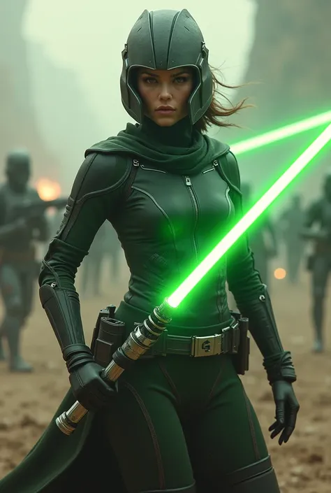 A female Jedi with black and green clothing, helmet and 2 green lightsabers
