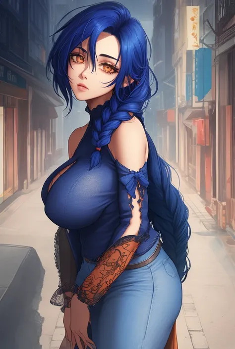 ((best quality)), (detailed), (indigo blue hair, hair, long hair, very long hair, styled hair, braid), (big breasts), dark orange eyes, day urban scene