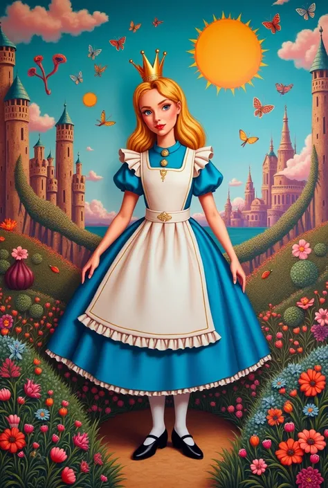 Create a mural from the movie Alice in Wonderland with a drawing that contains the sun, Queen Alice, and the letters.

