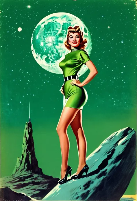 arafed woman in a green costume standing on a rock with a full moon in the background, 60s sci-fi pinup style, 60s sci-fi pinup, retro sci - fi art, as a retro futuristic heroine, 5 0 s pulp scifi illustration, as a retrofuturistic heroine, 5 0s vintage sc...