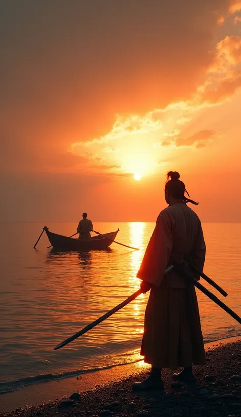 In 1612, on the island of Ganryū, Sasaki Kojirō, wearing traditional samurai robes, stands confidently near the shore, gripping his long katana, waiting for his opponent, while Musashi approaches from the water in a small boat, the sun setting on the horiz...