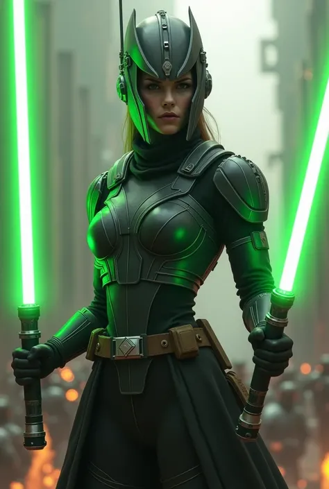 A female Jedi with black and green clothing, helmet and 2 green lightsabers
