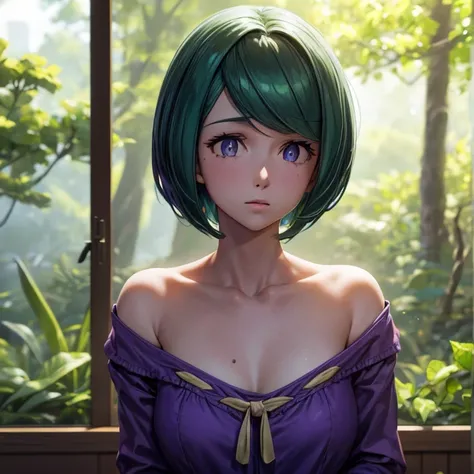 Latte 867, One girl, Alone, (Forest Green Hair:1.2), Asymmetrical haircut, (Purple clothes:1.2) masterpiece, Best Quality, photoRealistic, Realistic, (RAW Photos, 8K Ultra HD, Film Grain), Caustics, Scattered beneath the surface 