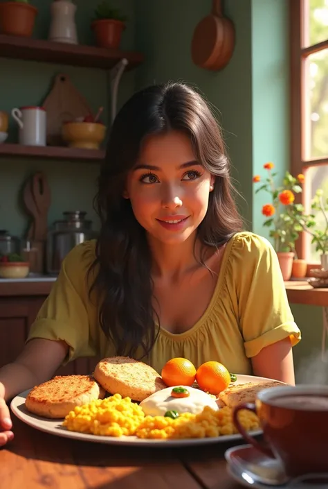 Woman looking at an arepas breakfast, Scrambled eggs, Tostadas, cheese and a cup of chocolate