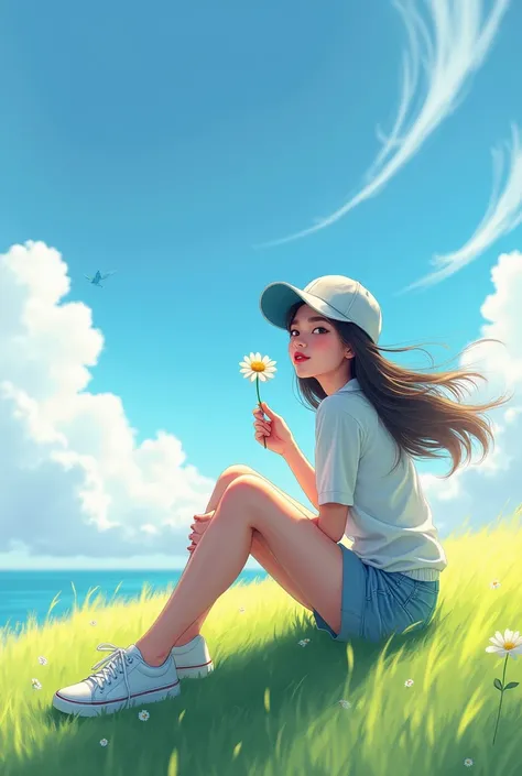 Skylight  full body sky light hill cool view, beautiful clean, sky clouds like a painting, there is a beautiful girl loose gradiasi hair carried by the wind , like a Korean wearing casual clothes ,short pant, who is feeling natural beauty, she wears carry,...