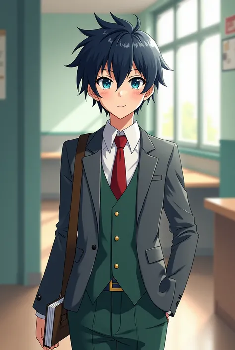 Kaito is a tall and athletic teenager with short, slightly messy black hair.. Her eyes are bright blue, demonstrates sharp focus and strategic intelligence. His expression is often serious and calculating., but he has a small smile when he is in a challeng...