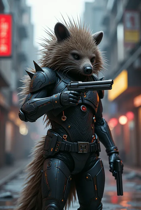 humanoid porcupine with cyberpunk style armor with two revolvers