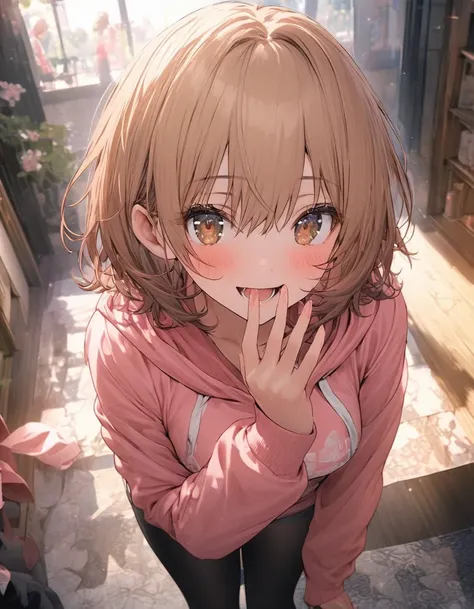 Color Color Color, Iroha Isshiki, Short hair, Brown hair, (Brown eyes:1.5), blush,Smile,Open your mouth,Cover your mouth with your hand and make a peace sign, 1 girl,Towards Camera,Pink Hoodie　Wear a hood,Short jeans,Black tights,Ankle boots,Standing on a&...