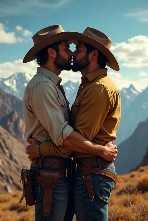 Two male cowboys with hats on their heads hugging and kissing on the mountain 