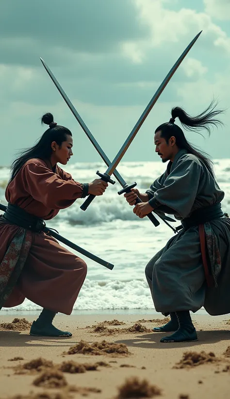 Sasaki Kojirō draws his katana, launching his signature Tsubame Gaeshi technique, his face full of intensity, while Musashi, calm and focused, dodges swiftly, the clash taking place on a sandy beach with waves crashing in the background, hyper-realistic, p...