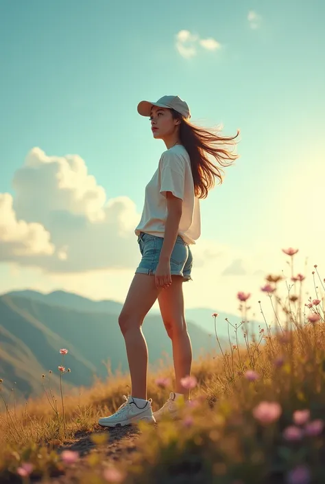 Skylight  full body sky light hill cool view, beautiful clean, sky clouds like a painting, there is a beautiful girl loose gradiasi hair carried by the wind , like a Korean wearing casual clothes ,short pant, who is feeling natural beauty, she wears carry,...