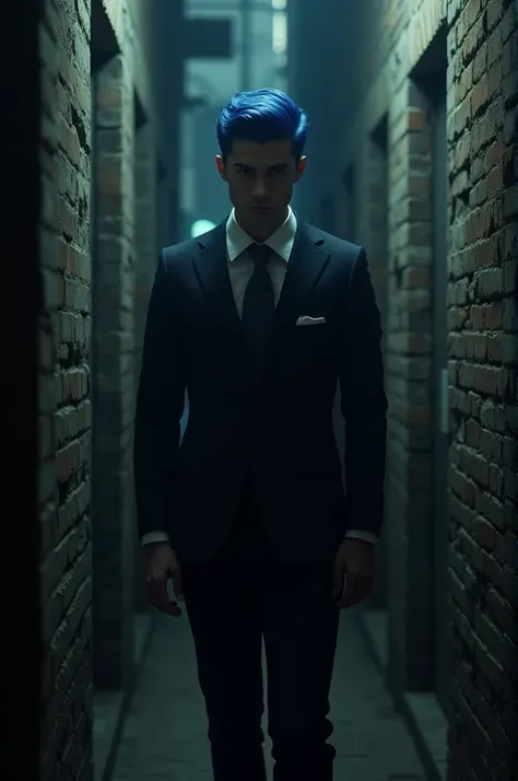 create a realistic horror image:of a man with blue hair and a suit he is in a dark alley he looked like an elegant man 