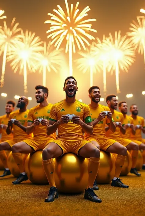 Equipe de foot GOLDLINE, joueurs avec une manette de jeux xbox dans la main ,assis sur un ballons en OR ,le nom GOLDLINE écrit sur les maillots, maillots jaune or ,feu dartifice au dessus, GOLDLINE ecrit en haut,les personnages heureux.