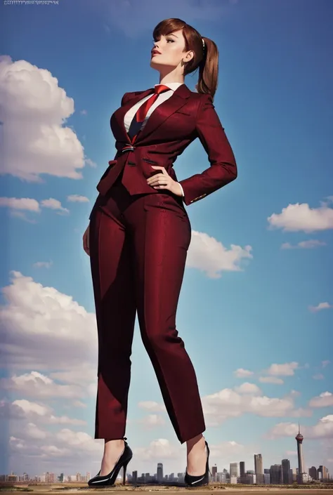 a teenage girl with beautiful curves, a massive curvy thighs, redhead ponytail, red lips wearing a perfect navy blue pinstriped trouser suit and blazer with a ((massive thick and wide crimson tie with paisley pattern, tied in a large windsor knot))white sh...