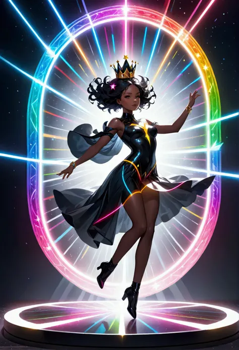 Hyper realistic photo, maximum color resolution. Black figure makes a dance jump and is in the air of a black figure with a fantastic QUEEN crown with colored lights. Her tight clothes have drawings that emit light and highlight her wonderful figure. The b...