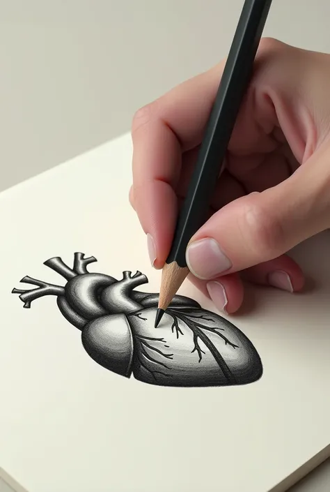 A hand drawing a real heart with a pencil that has a knife edge at the tip