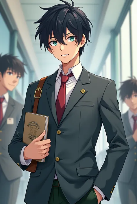 Kaito is a tall and athletic teenager with short, slightly messy black hair.. Her eyes are bright blue, demonstrates sharp focus and strategic intelligence. His expression is often serious and calculating., but he has a small smile when he is in a challeng...