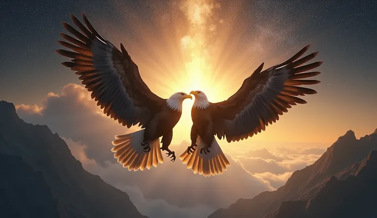 "Create an ULTRA REALISTIC image of two eagles seen as a symbol of power and freedom, with open wings, amidst a starry sky and with a golden ray of light highlighting its shape. In the background, a misty mountainous landscape, representing the mystery and...