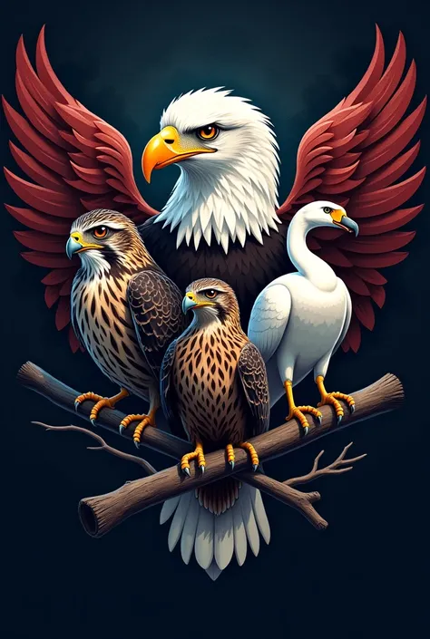 e-sports logo featuring a bald eagle, a Roadside hawk, a trumpeter swan and a peregrine falcon