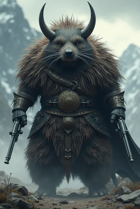 Humanoid Porcupine Warrior in Viking Armor with Two Revolvers