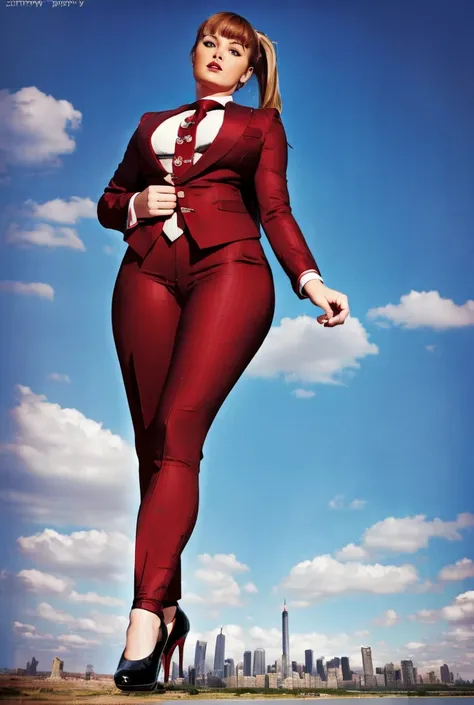 a teenage girl with beautiful curves, a massive curvy thighs, redhead ponytail, red lips wearing a perfect navy blue pinstriped trouser suit and blazer with a ((massive thick and wide crimson tie with paisley pattern, tied in a large windsor knot))white sh...