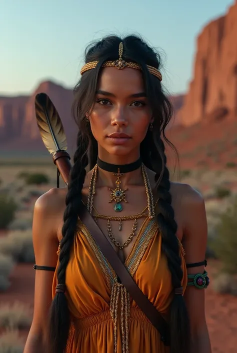 photographic portrait of Marie Avgeroupolus as Pocahontas, young and beautiful native american woman, perfect symmetrical face, Indigenous feather jewelry, traditional handmade dress, armed hunter warrior, (((wild west))) Environment, Utah Landscape, ultra...