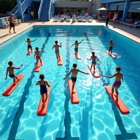 Ultra-detailed, lifelike photo of hidroginastica class using pool noodles in the left rectangular pool. 10-12 kids, ages 9-13, balancing on noodles while doing core exercises. Instructor on pool deck guiding the class. Sunlight glinting off water surface. ...