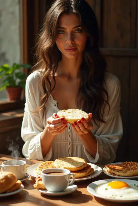 Beautiful girl with long wavy hair, bohemian dress, holding a small white arepa and showing it to the viewer and next to it a breakfast of Arepas, Toast, eggs and hot chocolate