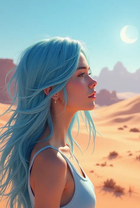 Beautifully drawn, high quality, Highly detailed computer generated illustration of a young woman with a serene expression, looking into the distance with her striking light blue hair gently waving in the desert breeze. The landscape behind him is vast and...