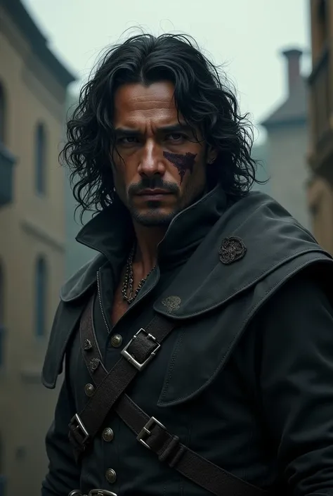 A mexican man with Curly shoulder-length Dark  hair. He has dark eyes. He wears black and grey Medieval clothes. Hes an assassin. He has a scar in his Face.