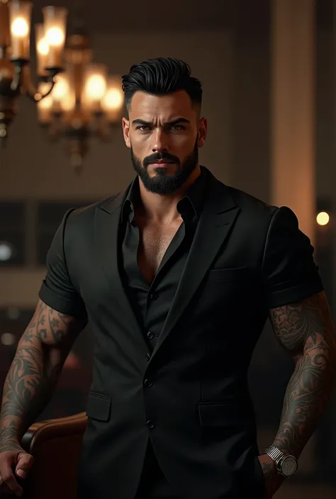 male, twenty-five years old, light beard, black hair, dark eyes, tattooed muscles, in black suit, mafia boss, dominant, striking, yet handsome face