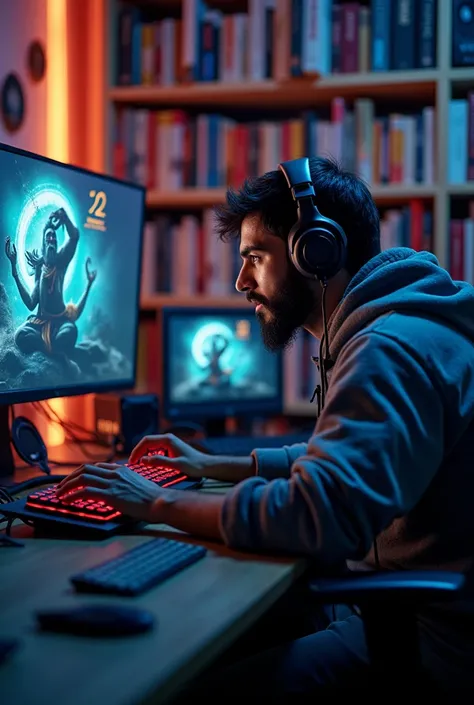 Photo from back Very pro hindu gammer playing his game who also read many books have a monster pc and a massive book collection left side of pc setup and big om sing on right side of computer setup 