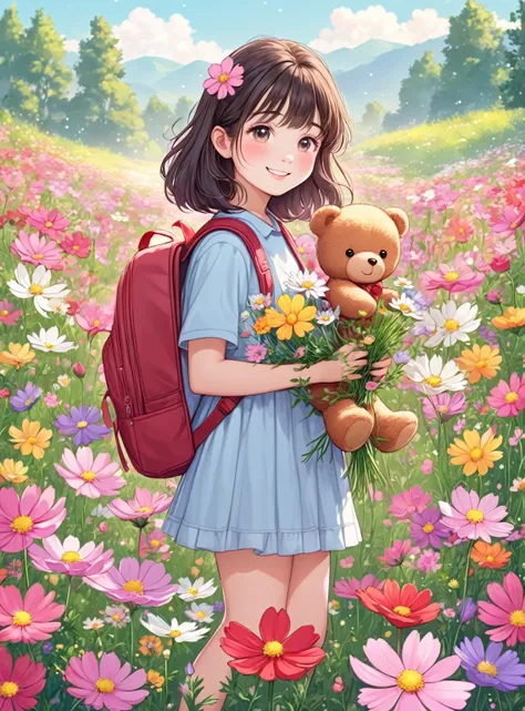 Cartoon girl with a backpack, flowers and a teddy bear, smile、Cute art style, Cute digital art, Cosmos flower cute cartoon, With flowers, Cute artwork, Holding flowers, Adorable digital painting, Cute and detailed digital art, Jan J, Picking flowers, Cute ...